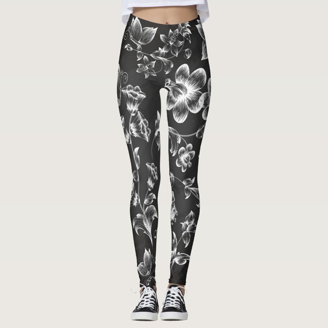 Legging Flores brancas (Black and White Floral Arrangement Leggings!)