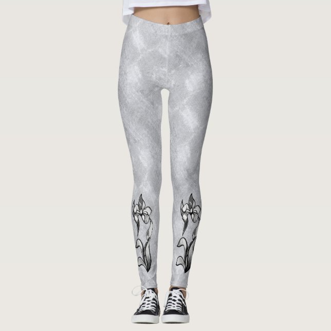 Legging Flores brancas abstrato pretas brilhantes em prata (Frente)