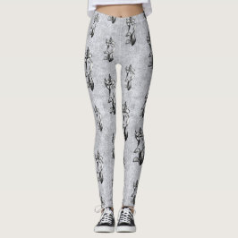 Legging Flores brancas abstrato pretas brilhantes em prata