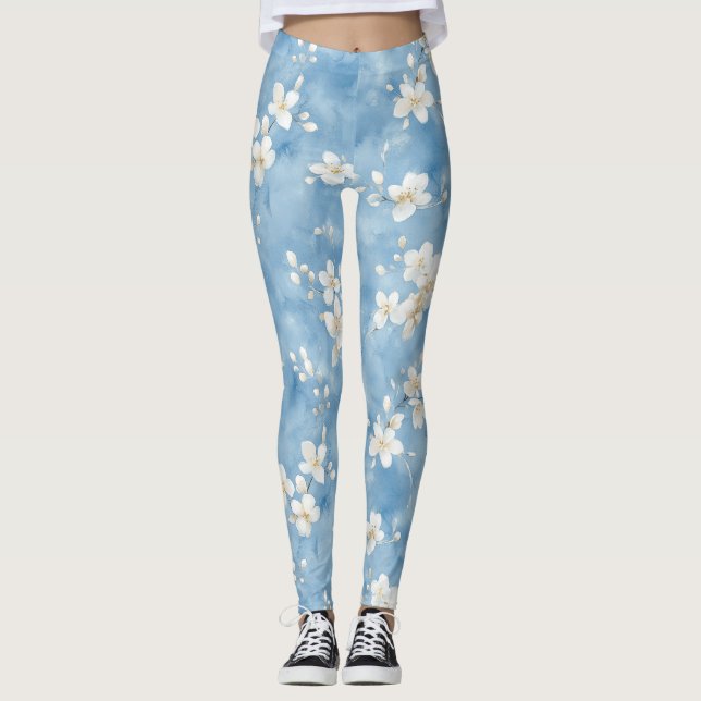 Legging Flores Brancas Bonitas Azul Céu (Frente)