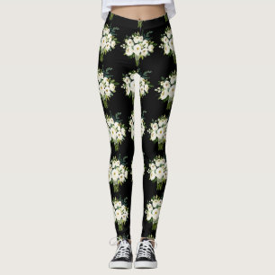 Legging Flores brancas de aquarela Buquê Padrão Preto
