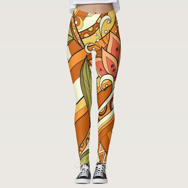 Legging Flores Brancas Elegantes Laranja E Grelha (Frente)