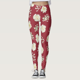 Legging Flores Brancas no Craveiro Vermelho Padrão