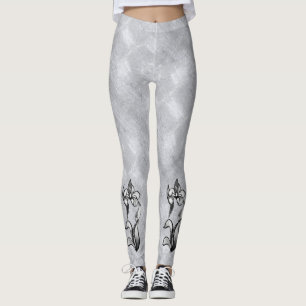 Legging Flores brancas pretas abstratas do brilho na prata
