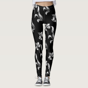 Legging Flores brancas pretas abstratas do brilho no preto