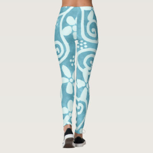 Legging Flores Caprichosas & Espirais Padrão Azul Branco