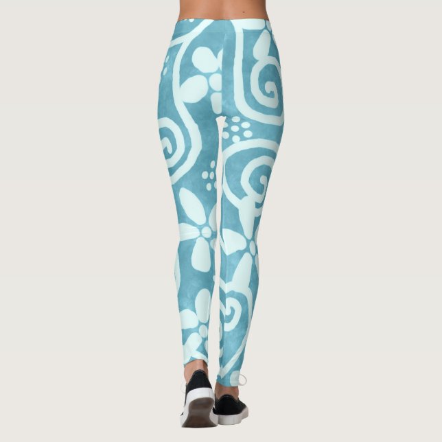 Legging Flores Caprichosas & Espirais Padrão Azul Branco (Verso)