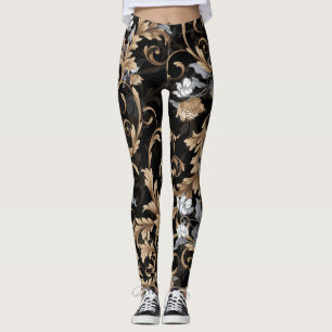 Legging Flores clássicas barrocas: fundo negro.