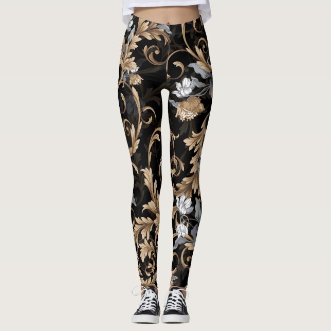Legging Flores clássicas barrocas: fundo negro. (Frente)