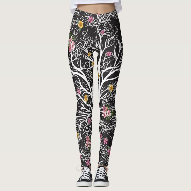 Legging Flores Coloridas: Árvore Negra Sem Costura (Frente)