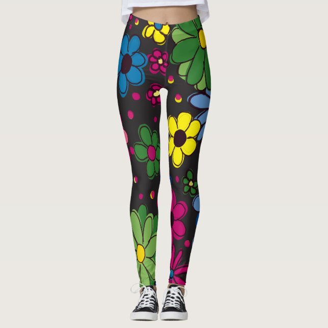 Legging Flores Coloridas Fofas em Preto (Frente)