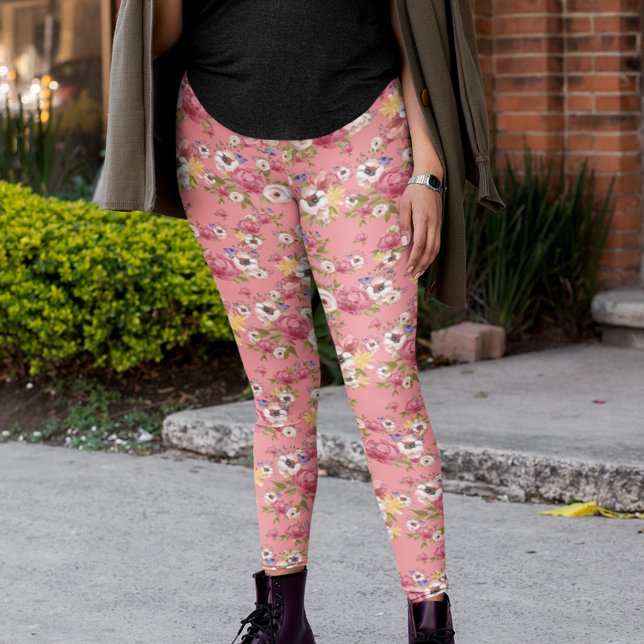Legging Flores Cor-de-Rosa Água-Forte Floral Para Ela  (Criador carregado)