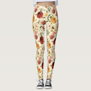 Legging Flores Cor-de-Rosa Amarelas Vermelhas de Outono