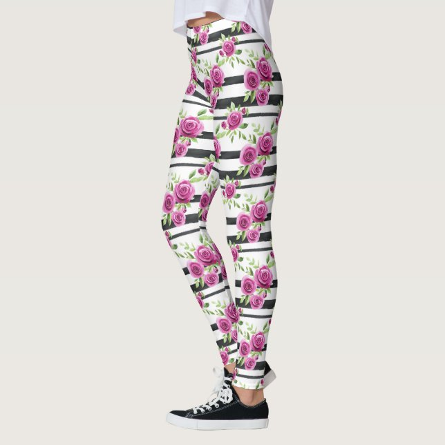 Legging Flores Cor-de-Rosa Listras Pretas   (Esquerda)