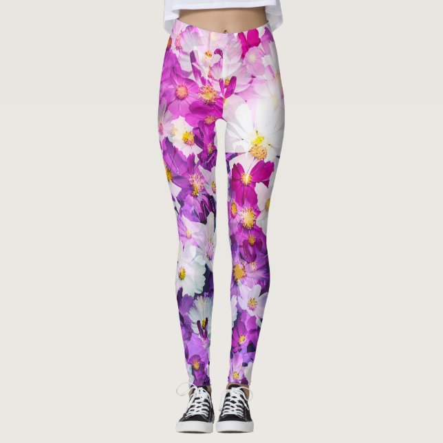 Legging Flores Cosmos: fundo cor-de-rosa floral (Frente)