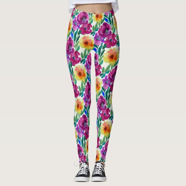 Legging Flores de Aquarela Maroon e Amarelo (Frente)