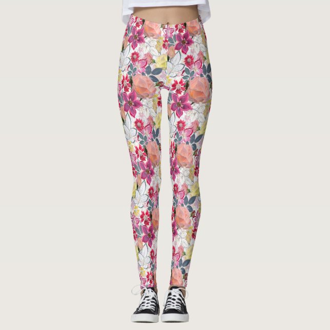Legging Flores de aquarela rosa, vermelha. guardanapos (Frente)