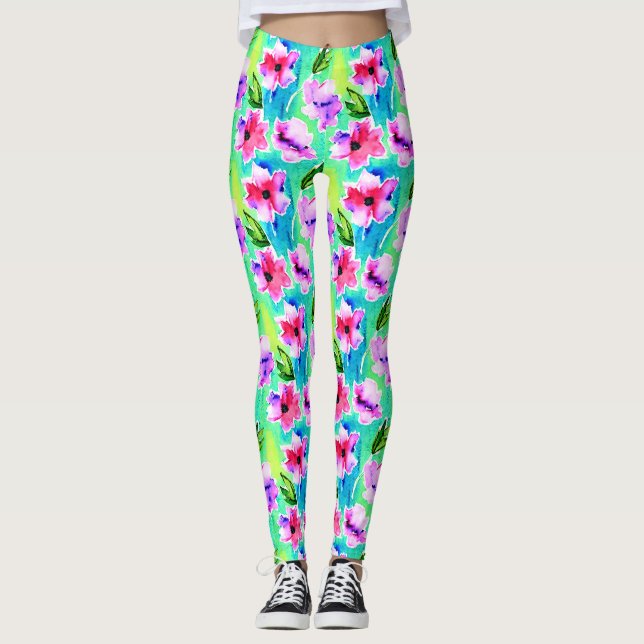 Legging Flores de Aquarela Verde, Rosa e Azul (Frente)