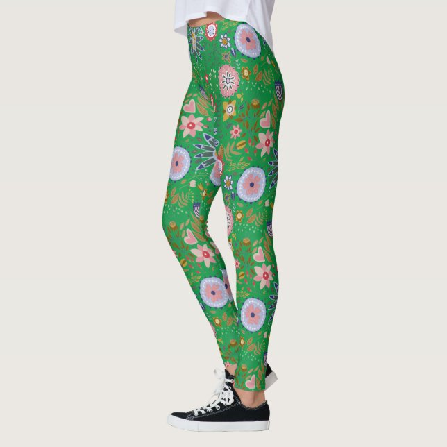 Legging Flores de Arte Folclórica em Verde (Esquerda)