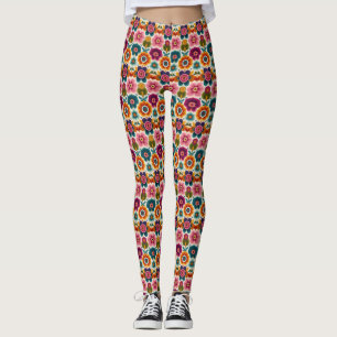 Legging Flores de Arte Folclórica Padrão Floral Retroboêmi