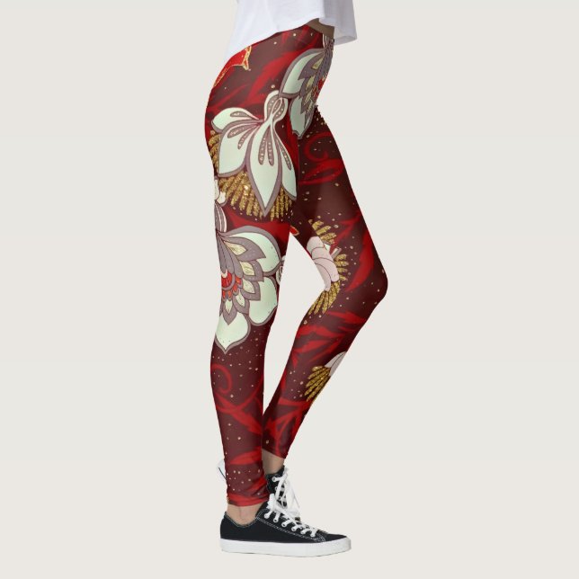Legging Flores de Aves Douradas Vermelhas Brilhantes (Direita)