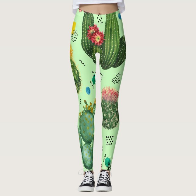 Legging Flores De Cactus: Fundo Geométrico De Aquarela. (Frente)