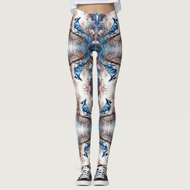 Legging Flores de cerejeira de pássaro azul aquarela (Frente)