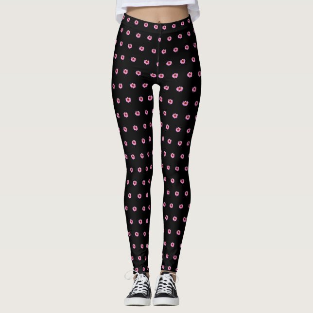 Legging Flores de Cone Rosa em Preto - (Frente)