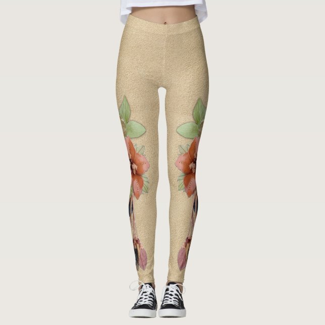 Legging Flores de couro na amêndoa de creme (Frente)