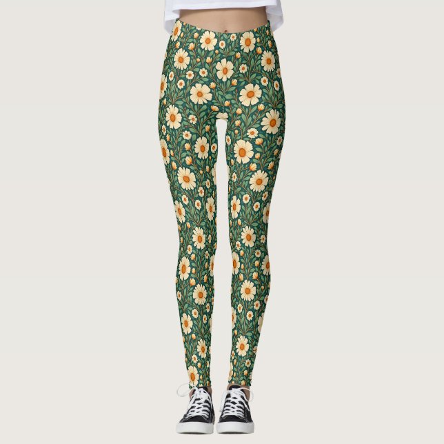 Legging Flores de Creme em Verde (Frente)