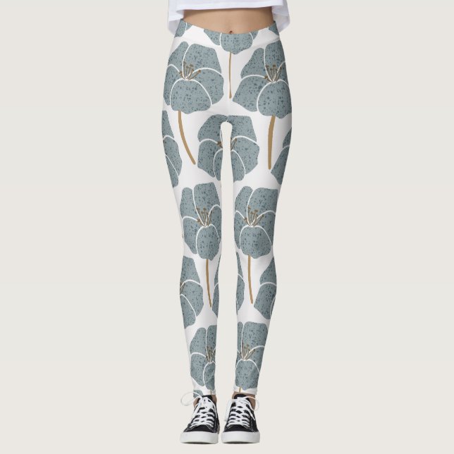 Legging Flores De Gerânio Azul Padrão Romântico. (Frente)