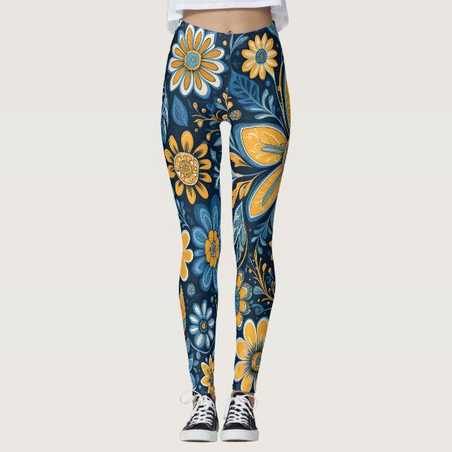 Legging Flores de Hipopia Retro Flores Design Amarelo Azul (Frente)