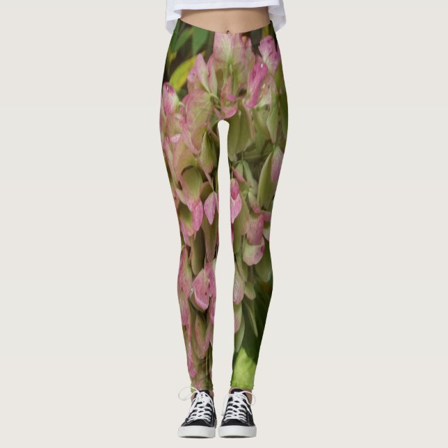 Legging Flores de Hortênsia de Outono com Folhas Douradas  (Frente)