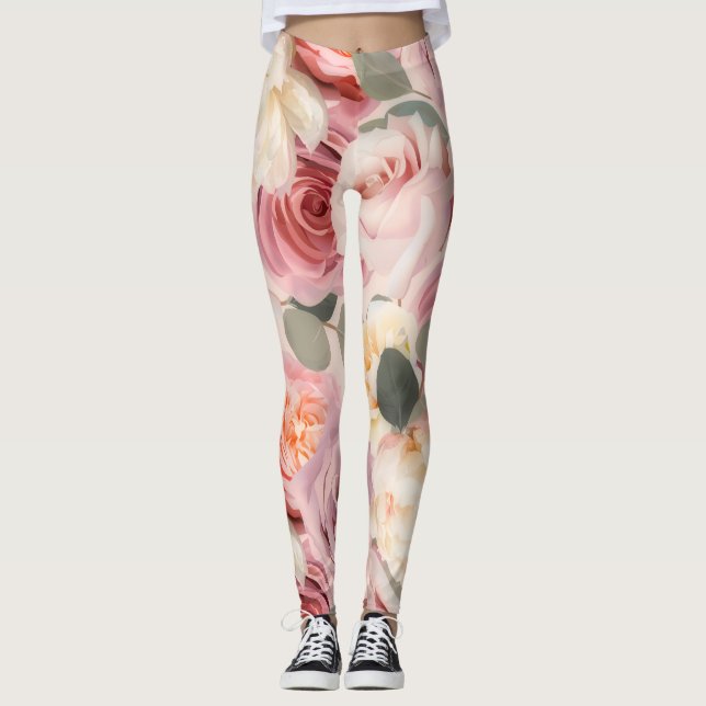 Legging Flores de Jardim Floral de Rosas Chiques Negros (Frente)