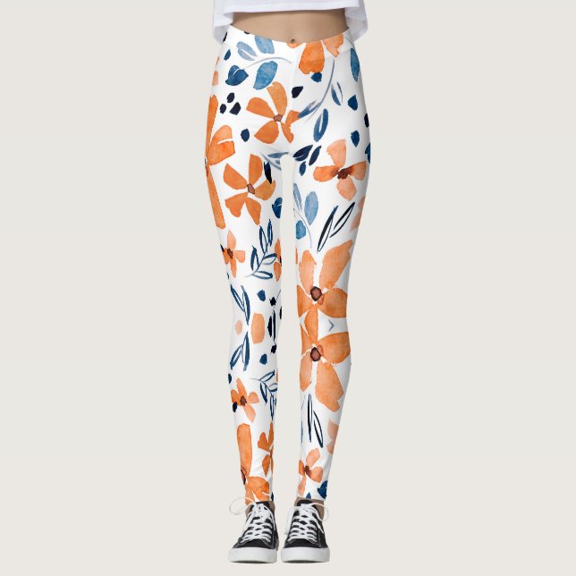 Legging Flores de laranja e folhas azuis (Frente)
