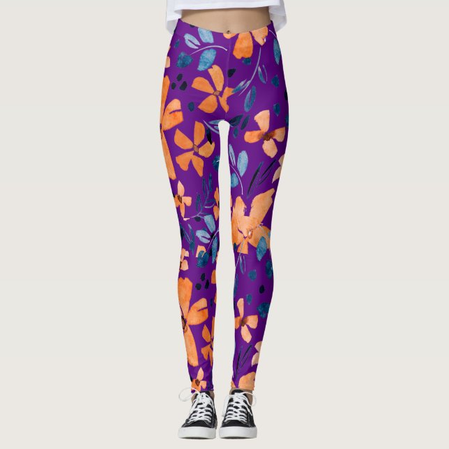 Legging Flores de laranja e folhas azuis em transparente (Frente)