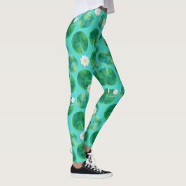 Legging Flores de Lily de Água Branca e Padrão de Lily Pad