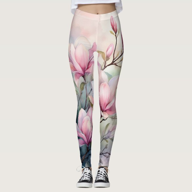 Legging Flores de Magnólia Rosa Monograma Botânico (Frente)