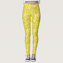 Legging Flores de Mod Retro Amarelo e Branco