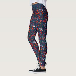 Legging Flores de Natal vermelhas e brancas com leggi azul