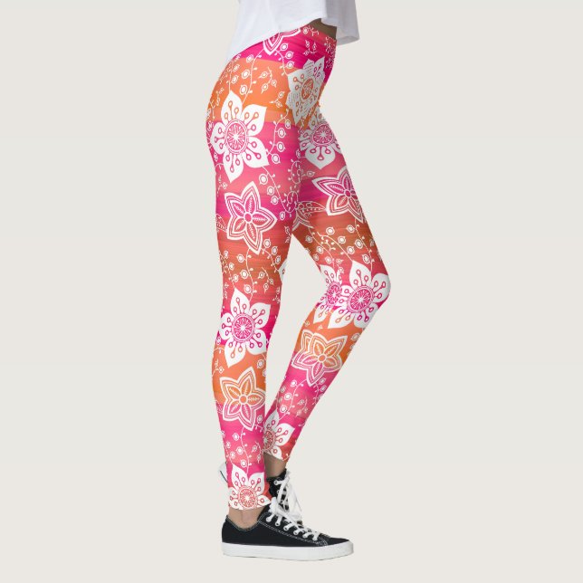 Legging Flores De Paisley Branco Sobre Listras De Laranja  (Direita)