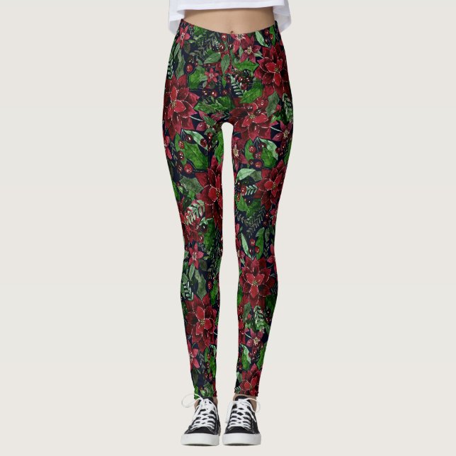 Legging Flores de Poinsettia da Borgonha de Natal (Frente)