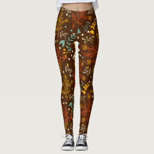 Legging Flores de queda Bonito em fundo marrom rico