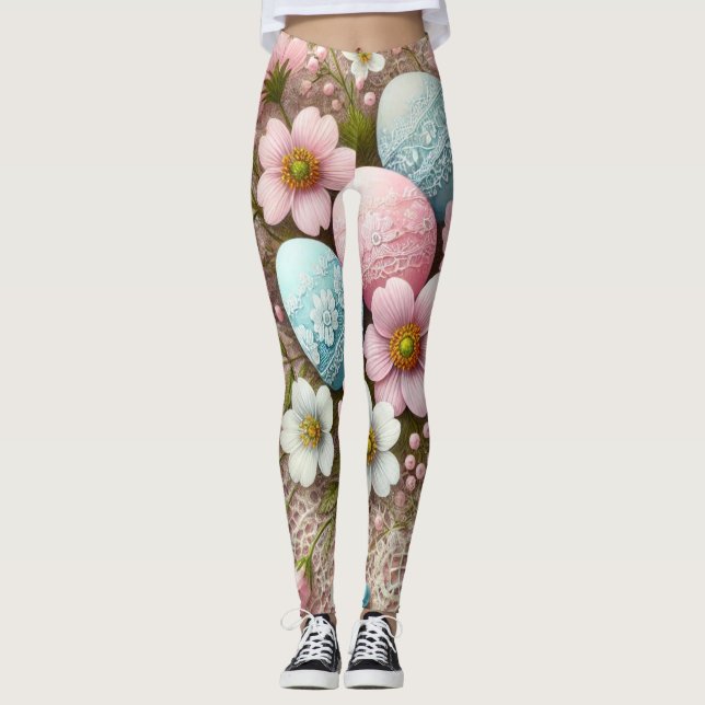 Legging Flores de renda pastel rosa ovos de Páscoa e flore (Frente)