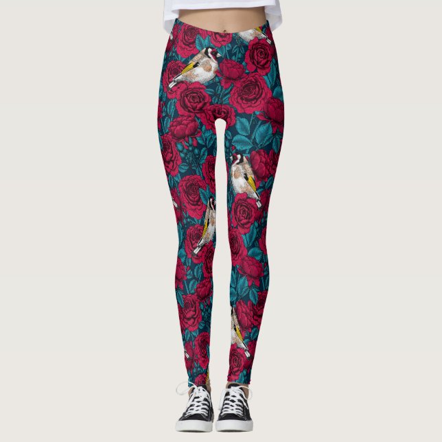 Legging Flores de rosa vermelha e aves-pintadas (Frente)