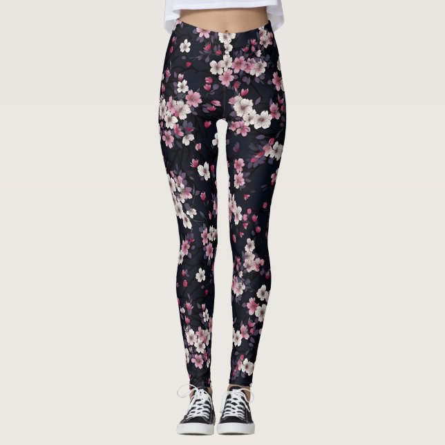 Legging Flores de Sakura Rosa Negra, Design de padrão, (Frente)