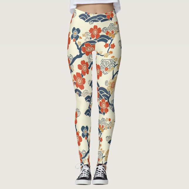 Legging Flores de Ume Prunus Naval Onda Creme Japonês (Frente)