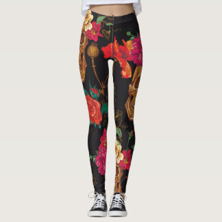 Legging Flores Do Crânio: Fundo Escuro Sem Olhos.