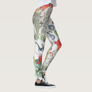 Legging Flores dos pássaros do colibri por todo o lado em