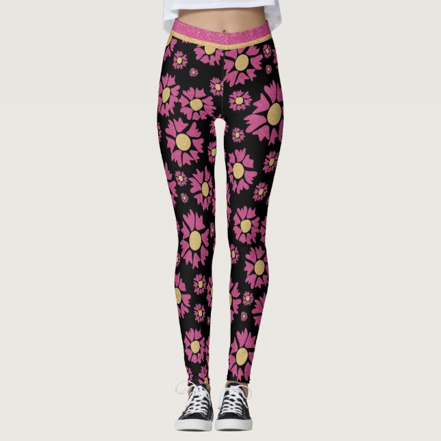 Legging Flores Douradas De Margarida Menina, Rosa-Rosa, A  (Frente)